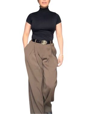 High Waisted Brown Wide Leg Trousers Pleated Tailored Pants - Small
